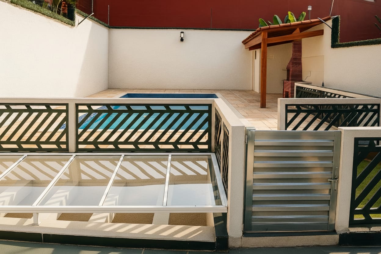 Área externa com piscina e churrasqueira